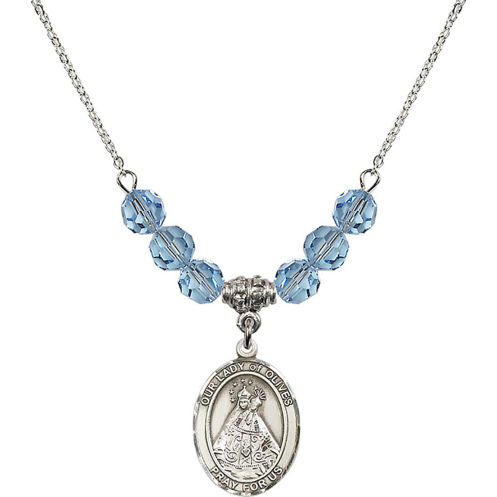 Sterling Silver Our Lady of Olives Birthstone Necklace with Aqua Beads - 8303