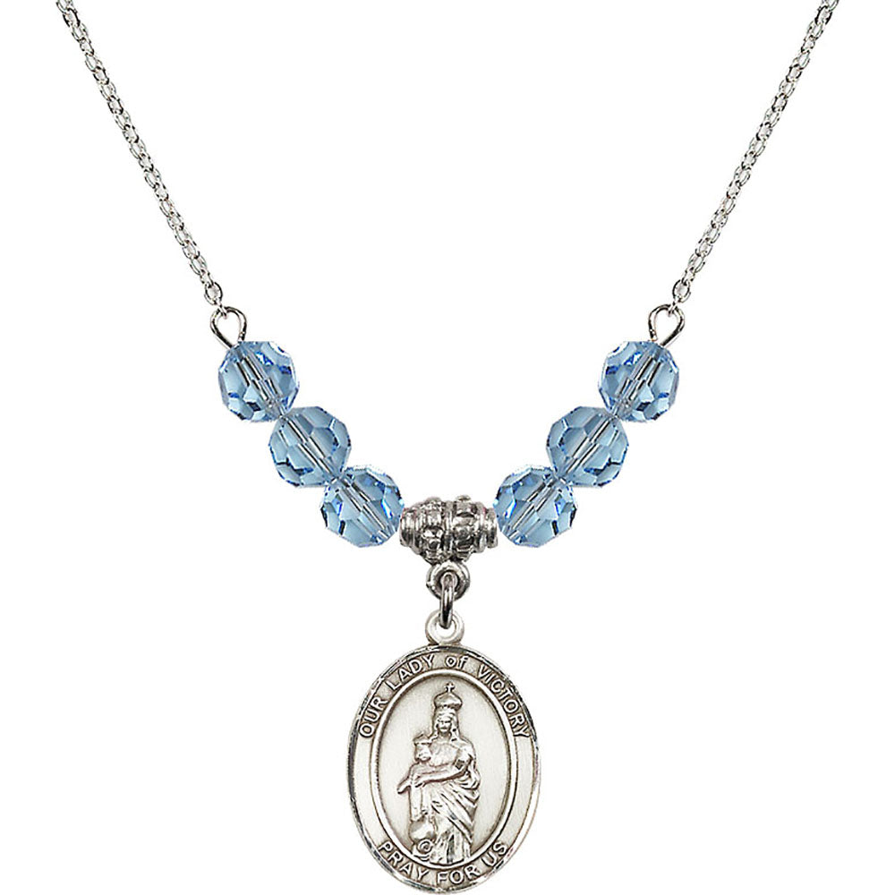 Sterling Silver Our Lady of Victory Birthstone Necklace with Aqua Beads - 8306