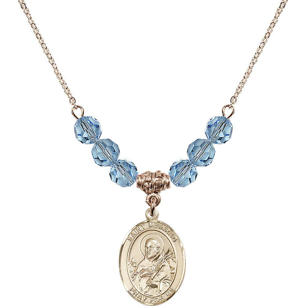 14kt Gold Filled Saint Meinrad of Einsiedeln Birthstone Necklace with Aqua Beads - 8307