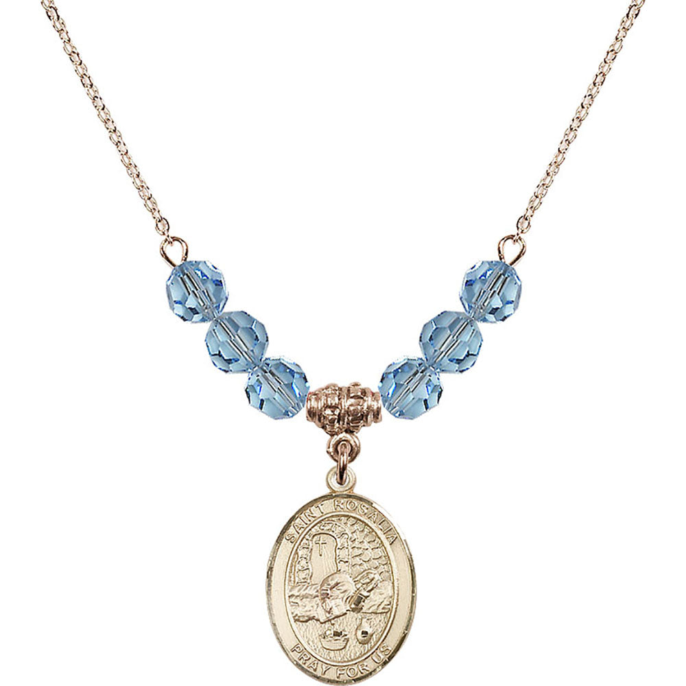 14kt Gold Filled Saint Rosalia Birthstone Necklace with Aqua Beads - 8309