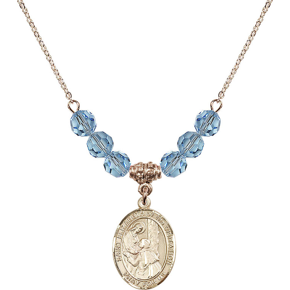 14kt Gold Filled Saint Elizabeth of the Visitation Birthstone Necklace with Aqua Beads - 8311