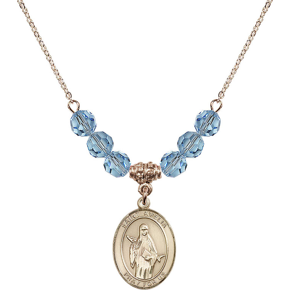 14kt Gold Filled Saint Amelia Birthstone Necklace with Aqua Beads - 8313