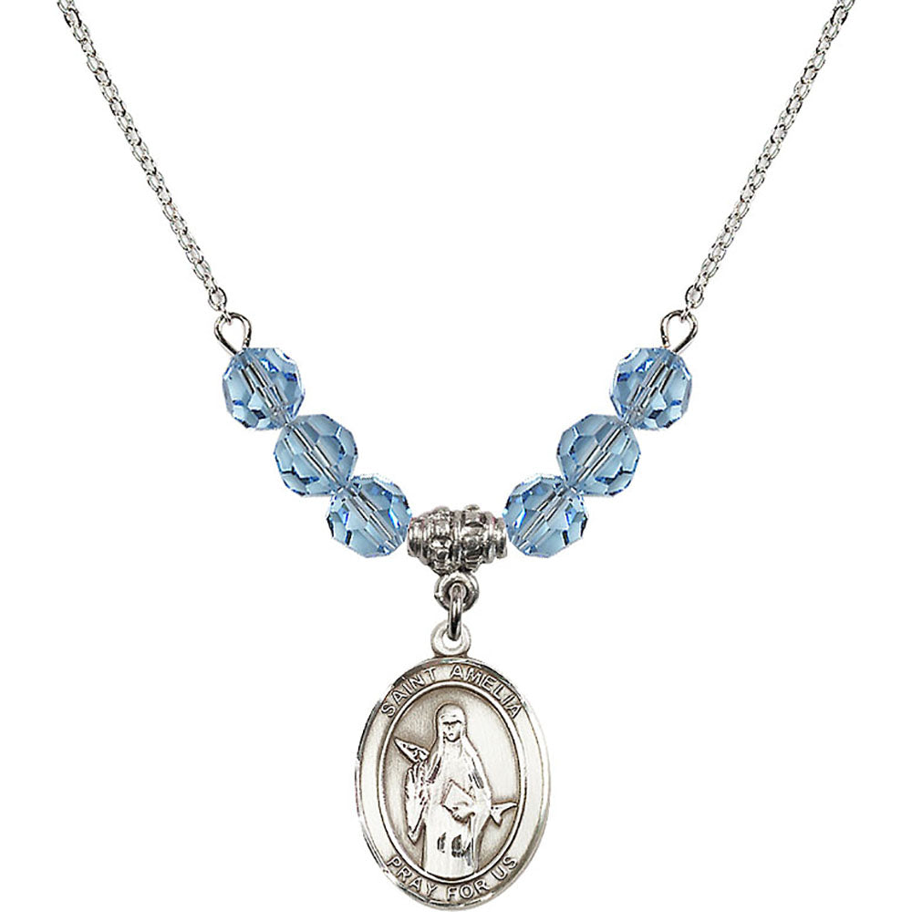 Sterling Silver Saint Amelia Birthstone Necklace with Aqua Beads - 8313