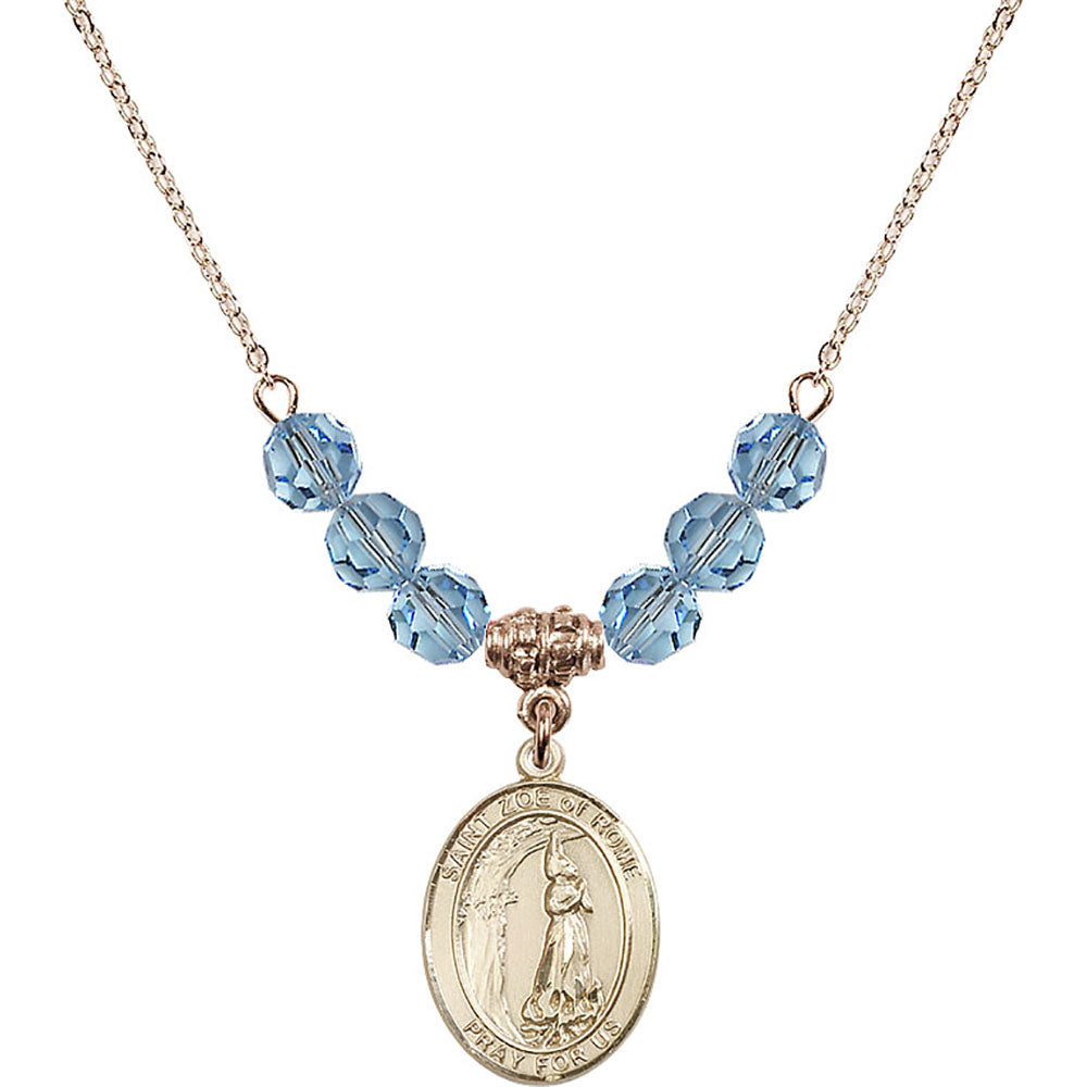 14kt Gold Filled Saint Zoe of Rome Birthstone Necklace with Aqua Beads - 8314