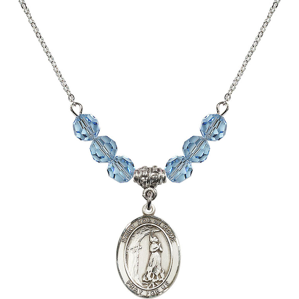 Sterling Silver Saint Zoe of Rome Birthstone Necklace with Aqua Beads - 8314