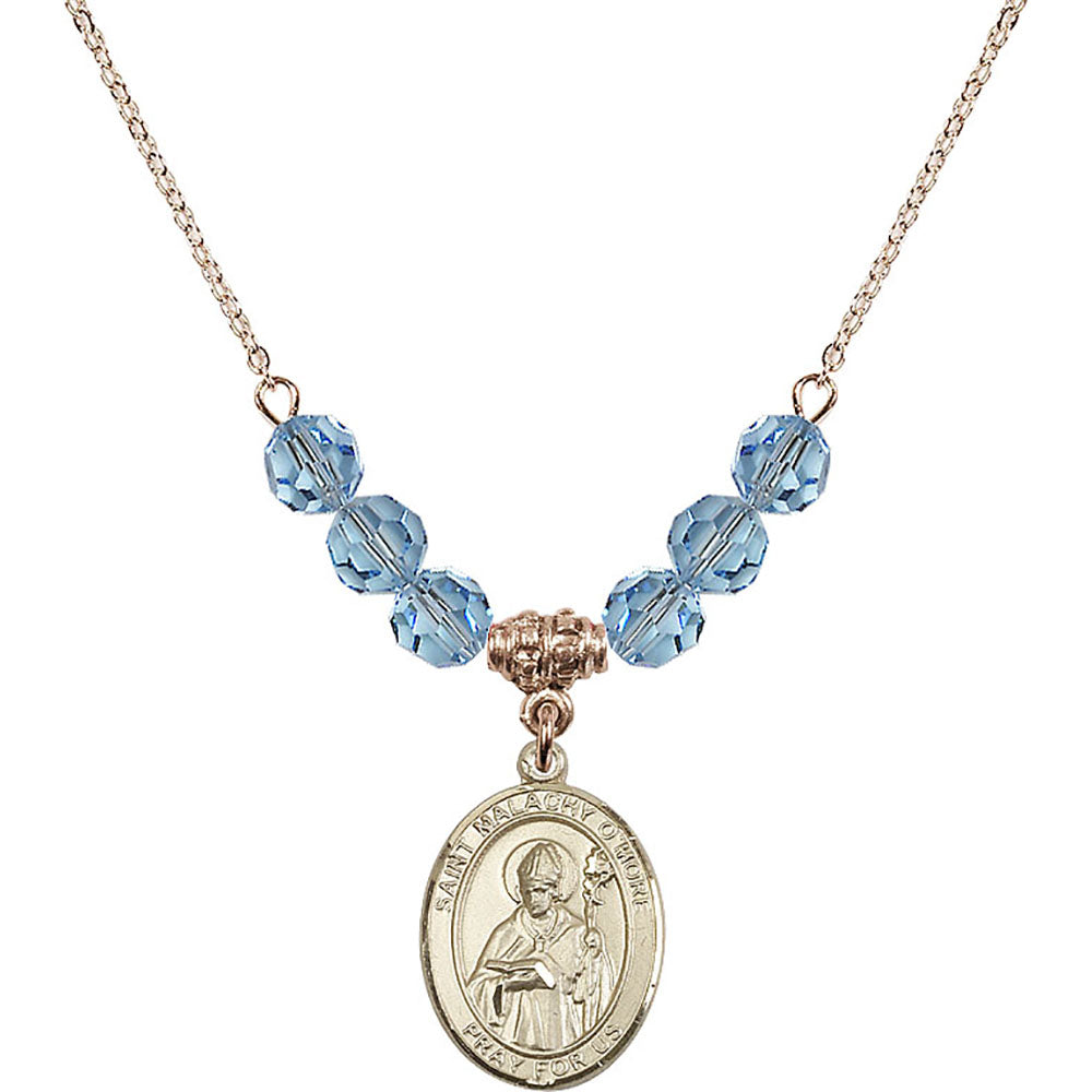 14kt Gold Filled Saint Malachy O'More Birthstone Necklace with Aqua Beads - 8316
