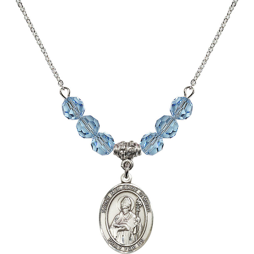 Sterling Silver Saint Malachy O'More Birthstone Necklace with Aqua Beads - 8316