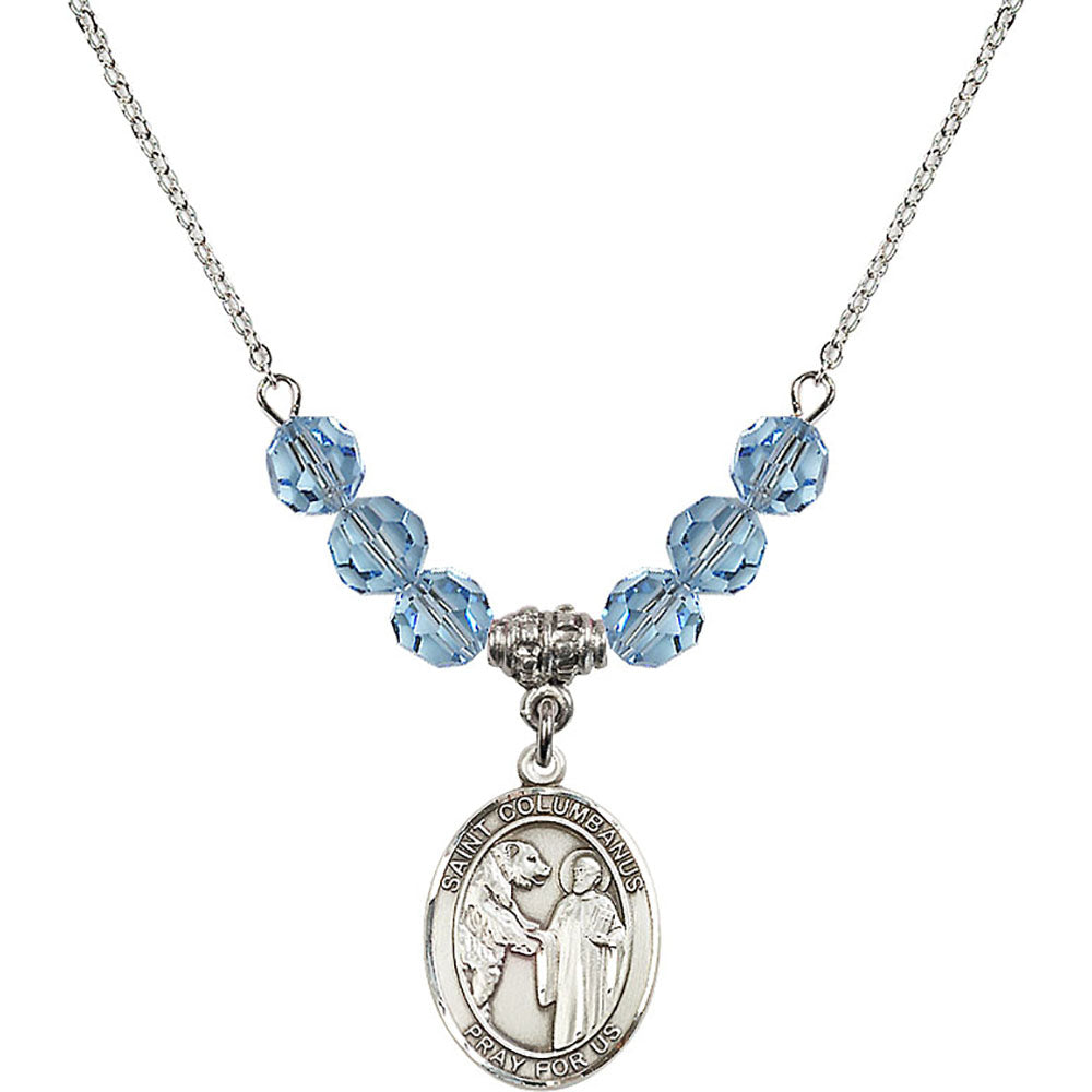 Sterling Silver Saint Columbanus Birthstone Necklace with Aqua Beads - 8321