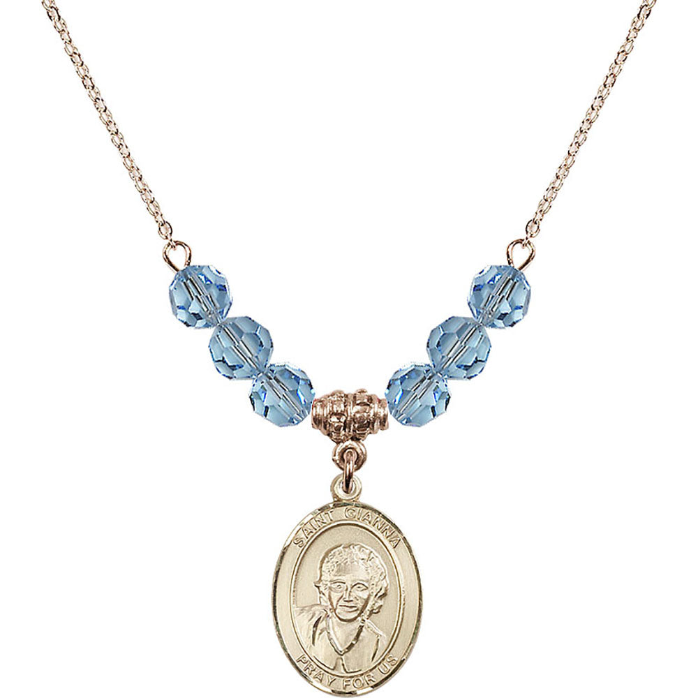 14kt Gold Filled Saint Gianna Beretta Molla Birthstone Necklace with Aqua Beads - 8322
