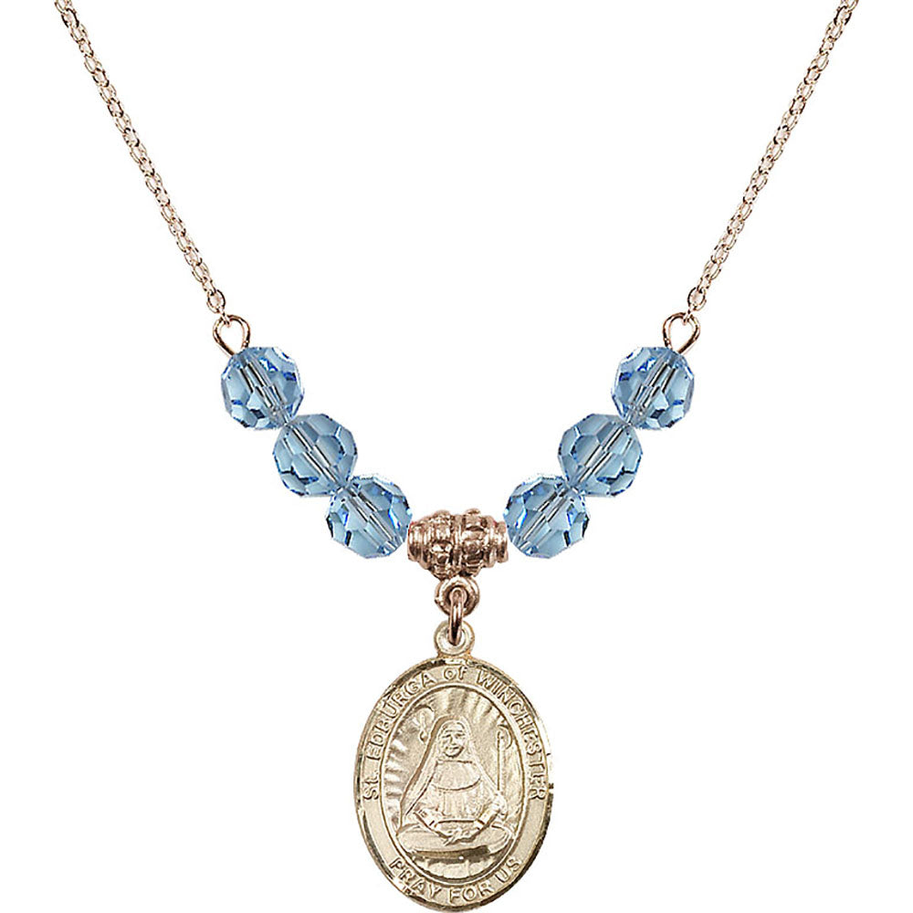 14kt Gold Filled Saint Edburga of Winchester Birthstone Necklace with Aqua Beads - 8324