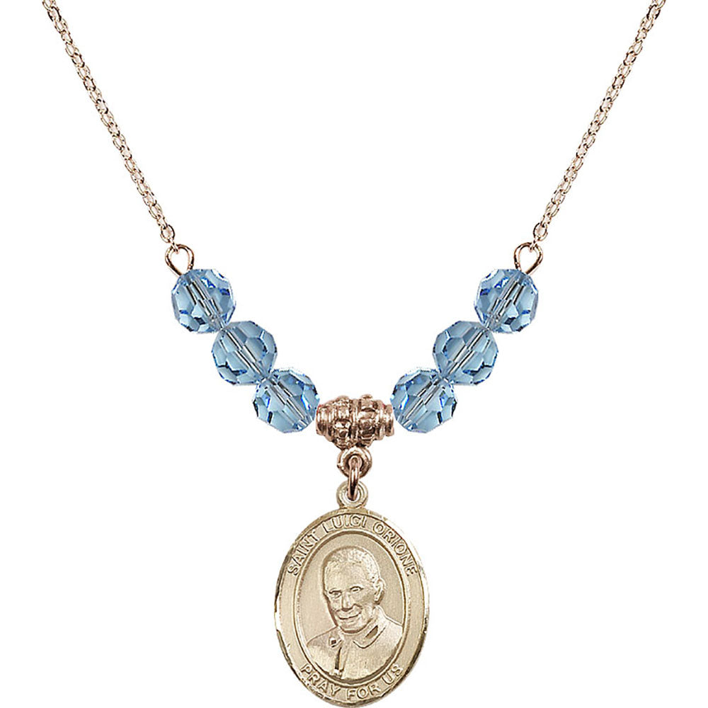 14kt Gold Filled Saint Luigi Orione Birthstone Necklace with Aqua Beads - 8326
