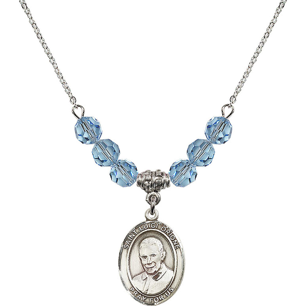 Sterling Silver Saint Luigi Orione Birthstone Necklace with Aqua Beads - 8326