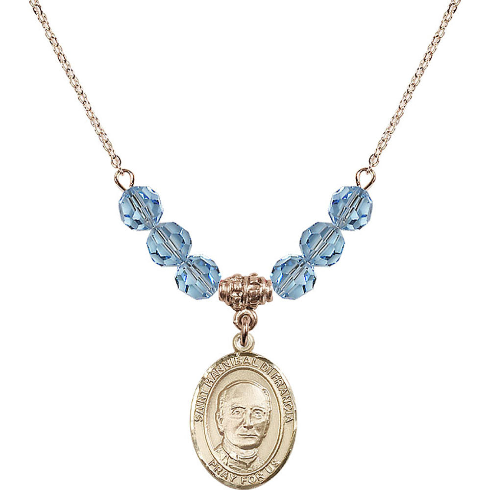14kt Gold Filled Saint Hannibal Birthstone Necklace with Aqua Beads - 8327