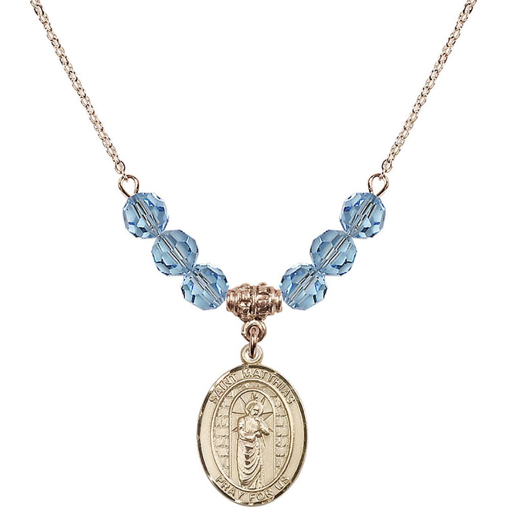 14kt Gold Filled Saint Matthias the Apostle Birthstone Necklace with Aqua Beads - 8331