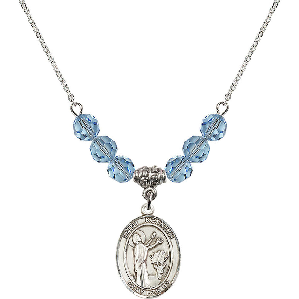 Sterling Silver Saint Kenneth Birthstone Necklace with Aqua Beads - 8332
