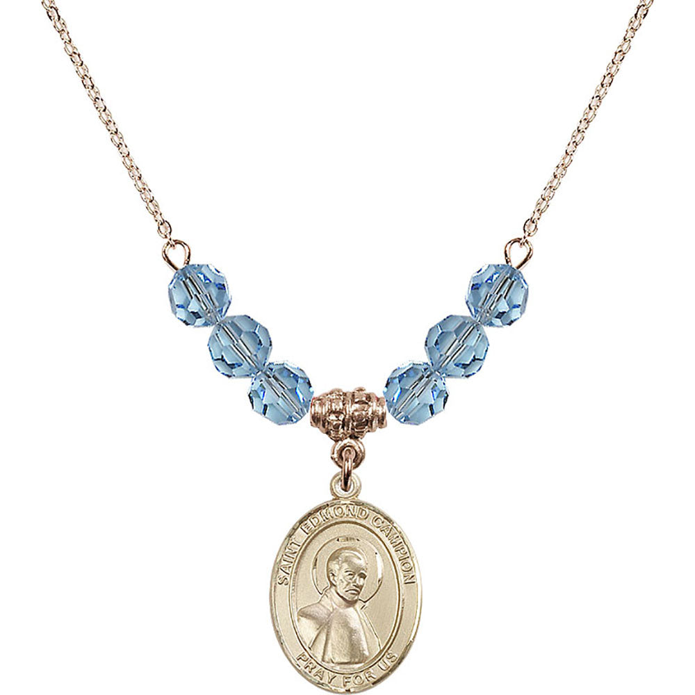 14kt Gold Filled Saint Edmund Campion Birthstone Necklace with Aqua Beads - 8333