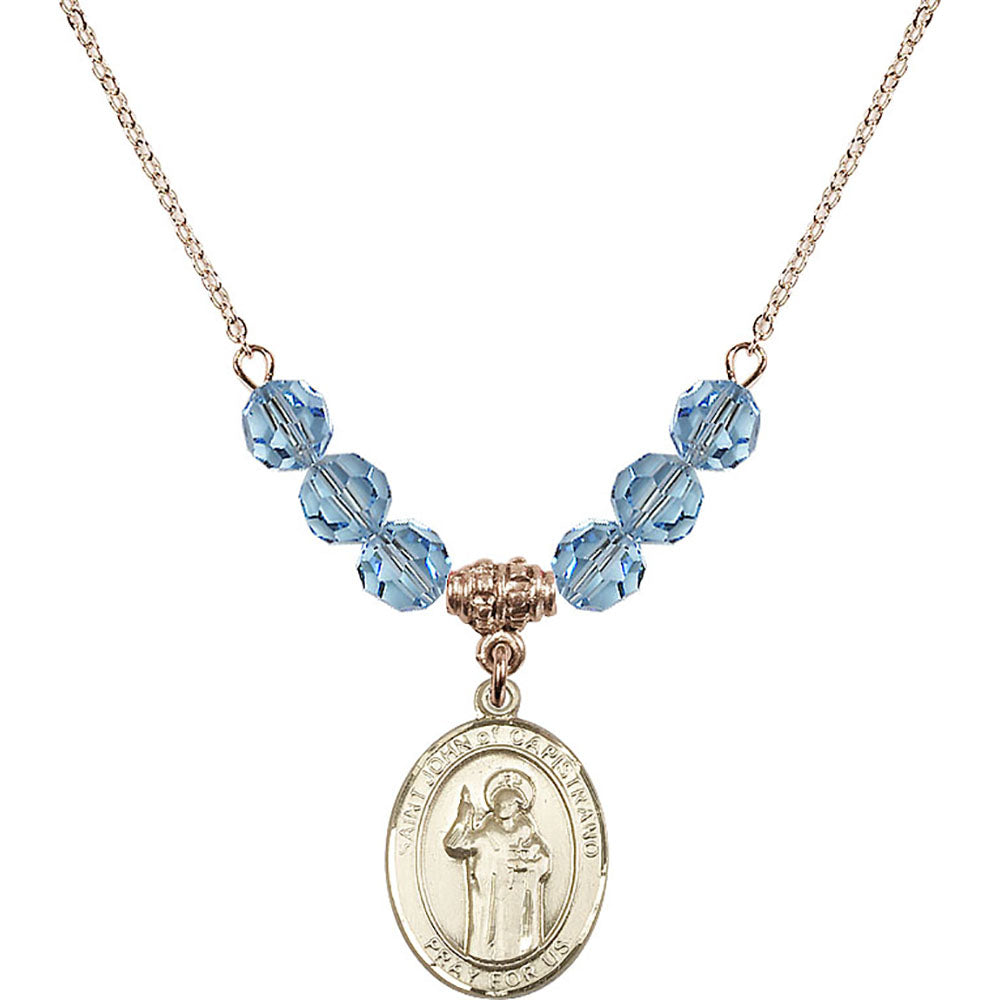 14kt Gold Filled Saint John of Capistrano Birthstone Necklace with Aqua Beads - 8350