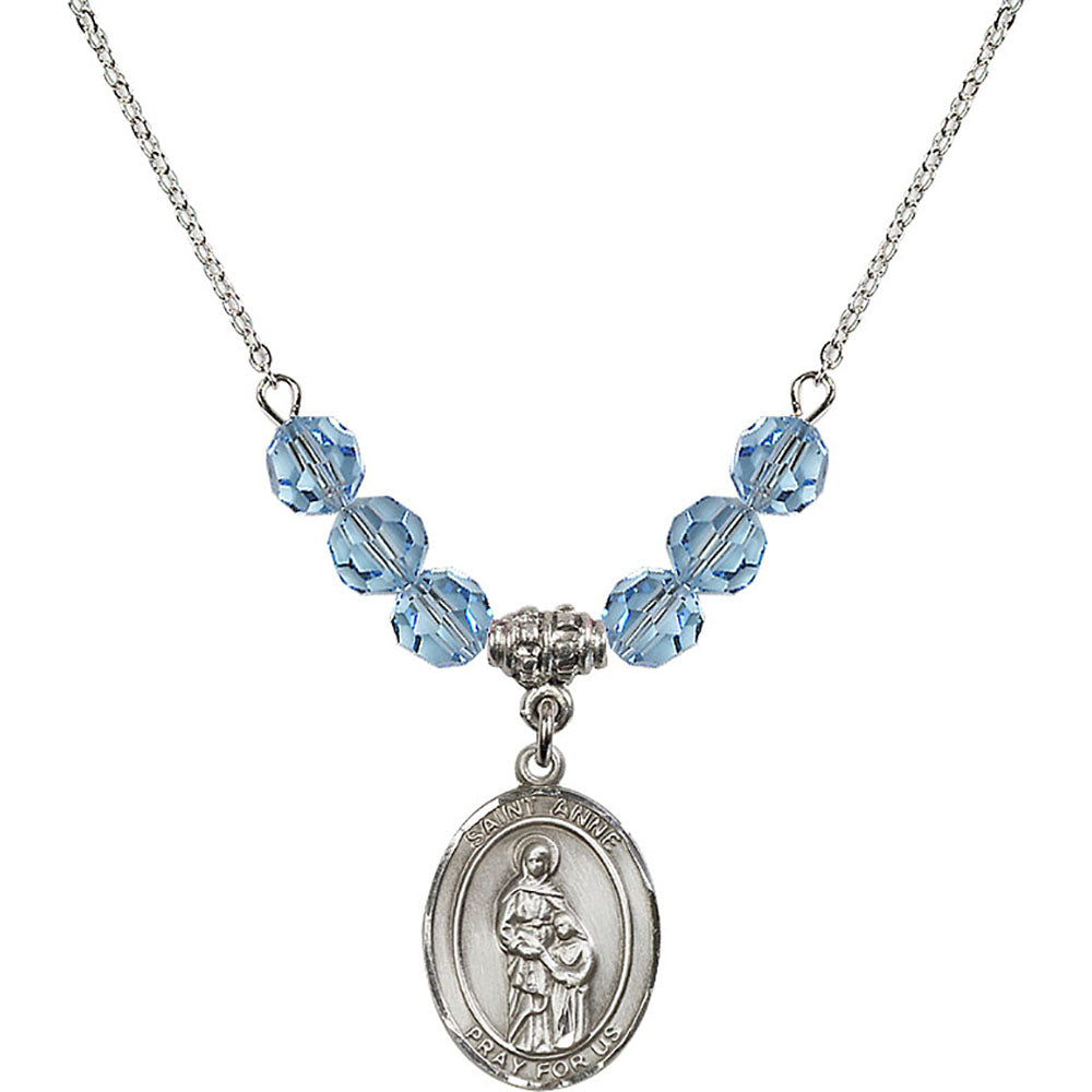 Sterling Silver Saint Anne Birthstone Necklace with Aqua Beads - 8374