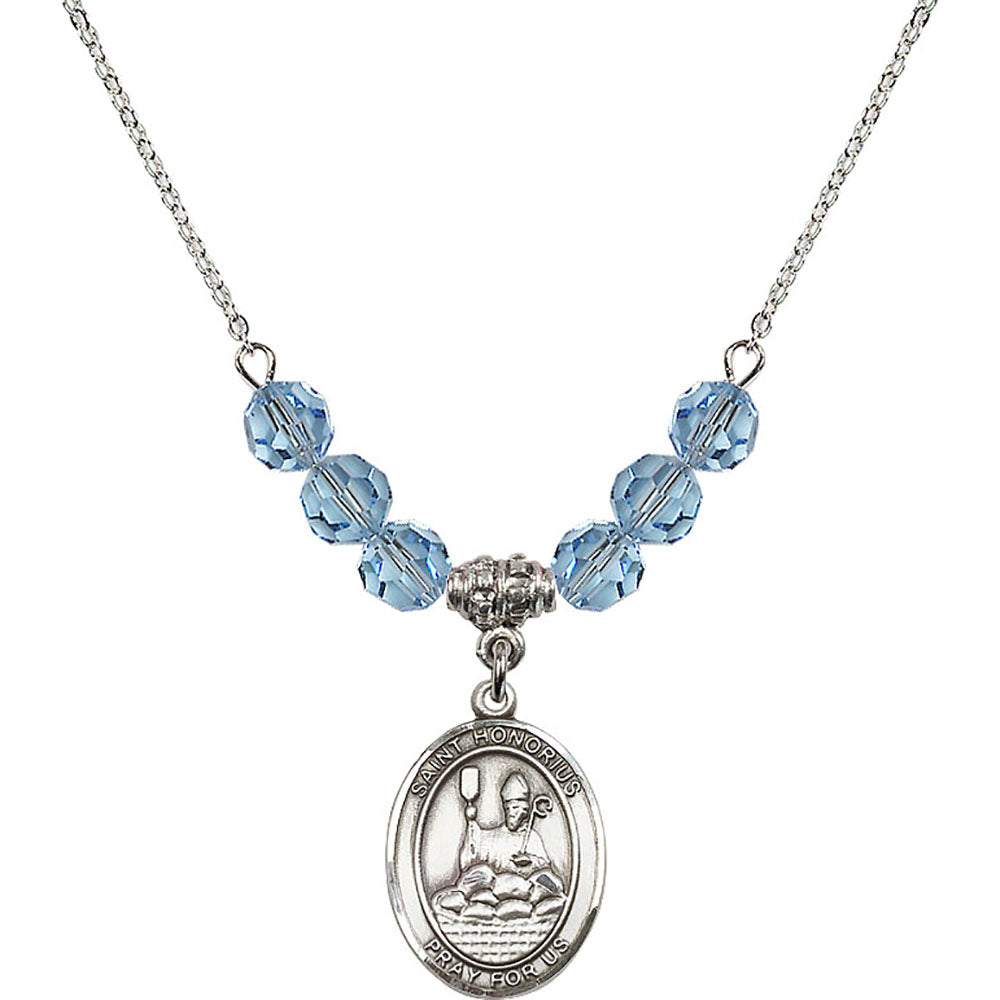Sterling Silver Saint Honorius of Amiens Birthstone Necklace with Aqua Beads - 8376