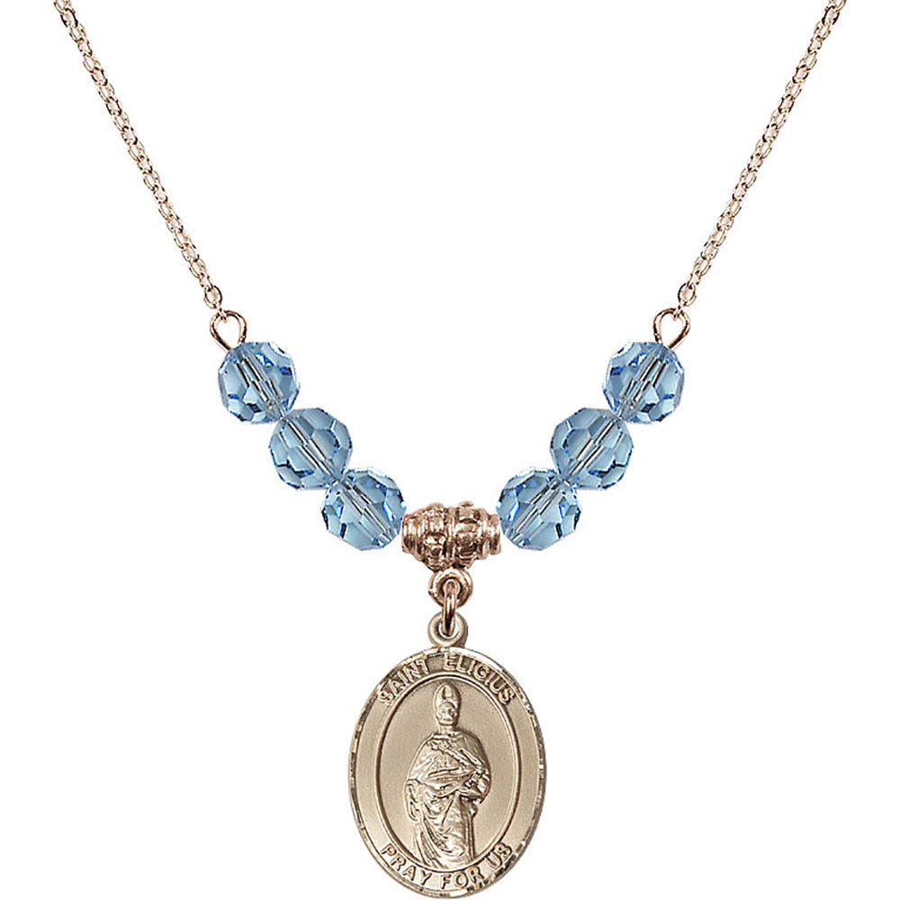 14kt Gold Filled Saint Eligius Birthstone Necklace with Aqua Beads - 8402