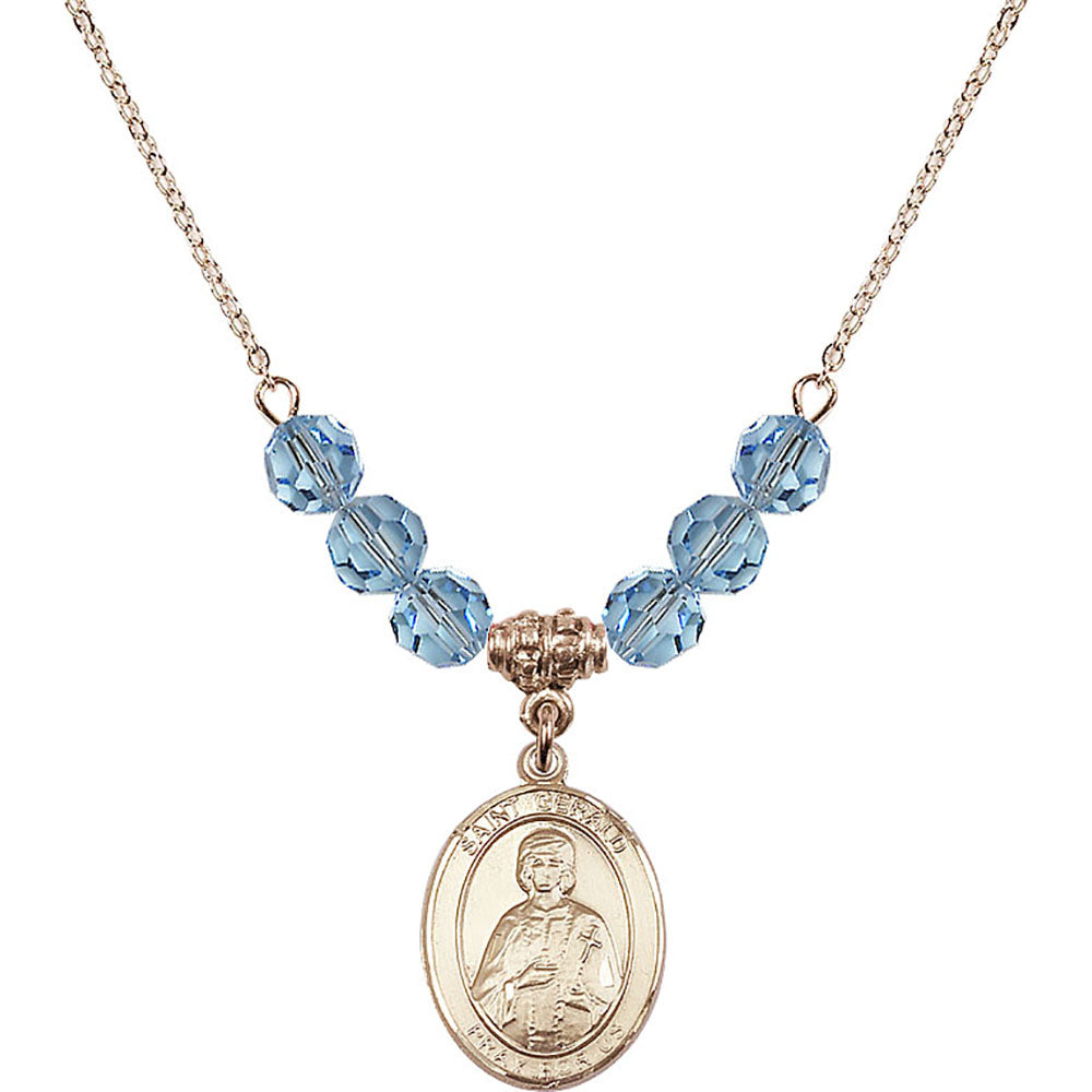 14kt Gold Filled Saint Gerald Birthstone Necklace with Aqua Beads - 8404