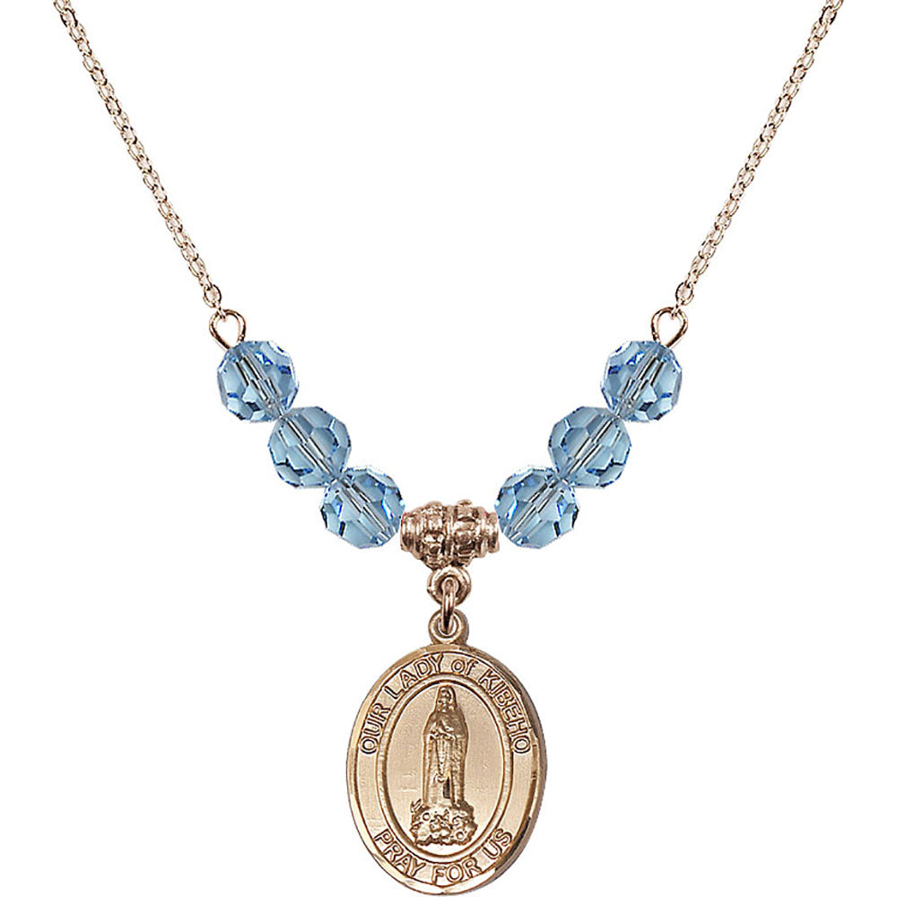 14kt Gold Filled Our Lady of Kibeho Birthstone Necklace with Aqua Beads - 8414