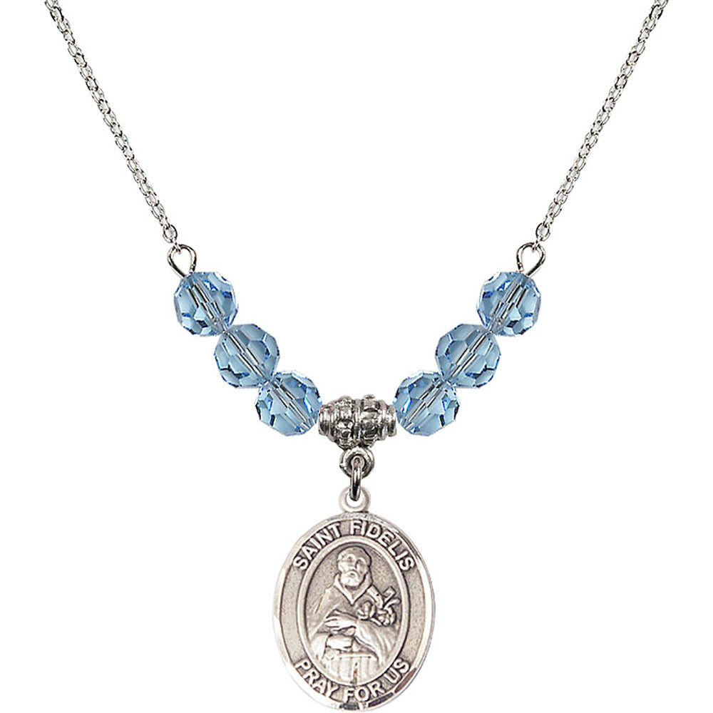Sterling Silver Saint Fidelis Birthstone Necklace with Aqua Beads - 8426