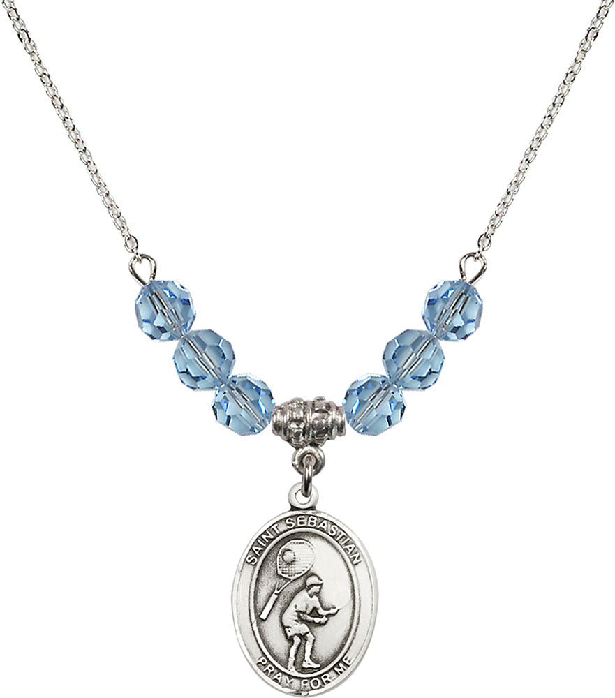Sterling Silver Saint Sebastian / Tennis Birthstone Necklace with Aqua ...