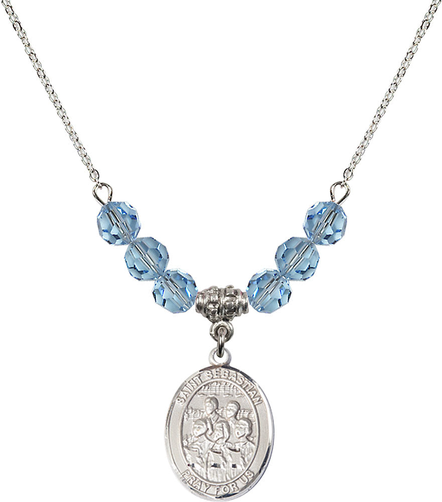 Sterling Silver Saint Sebastian / Choir Birthstone Necklace with Aqua Beads - 8614