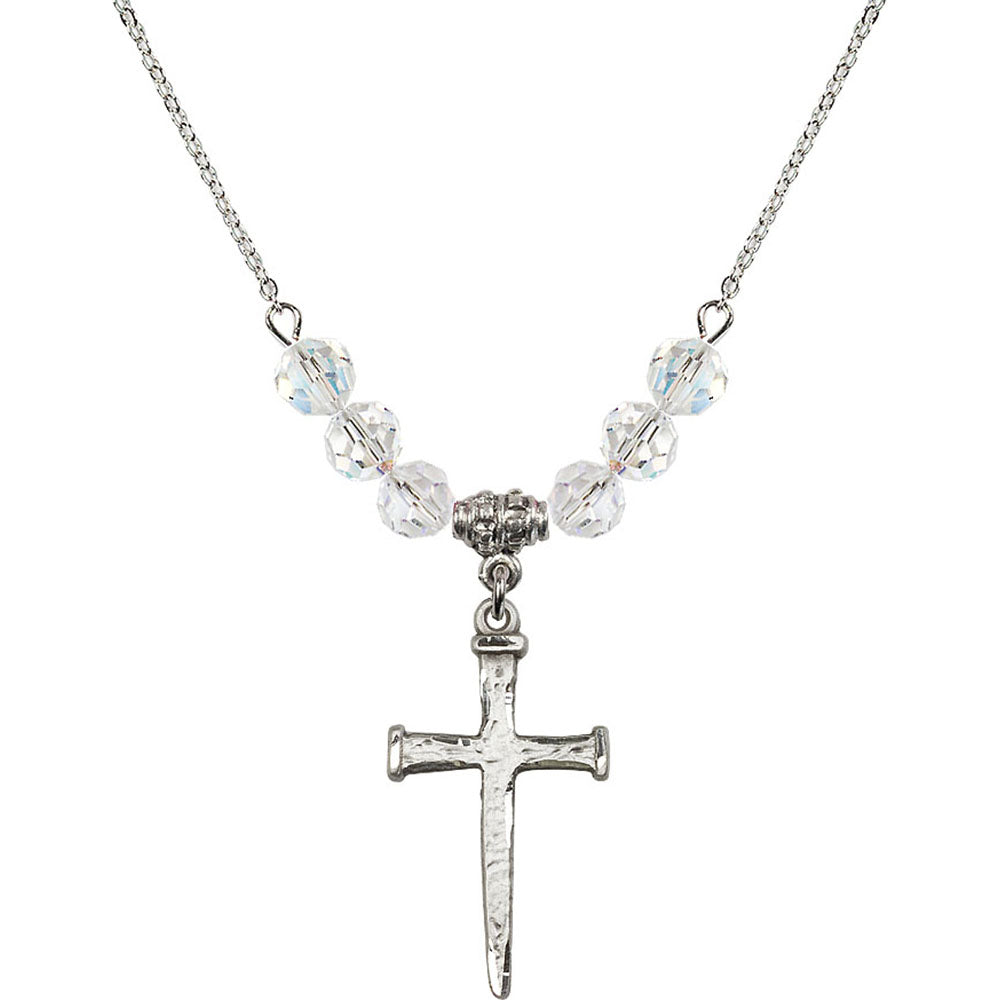 Sterling Silver Nail Cross Birthstone Necklace with Crystal Beads - 0085