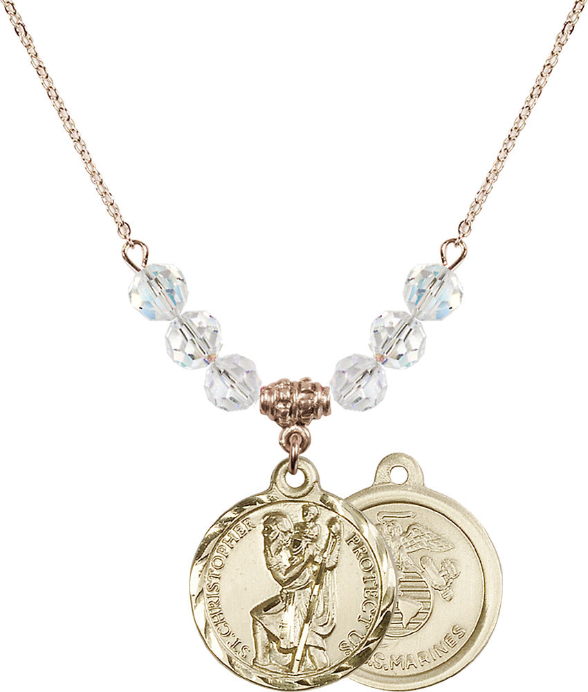 14kt Gold Filled Saint Christopher / Marines Birthstone Necklace with Crystal Beads - 0192