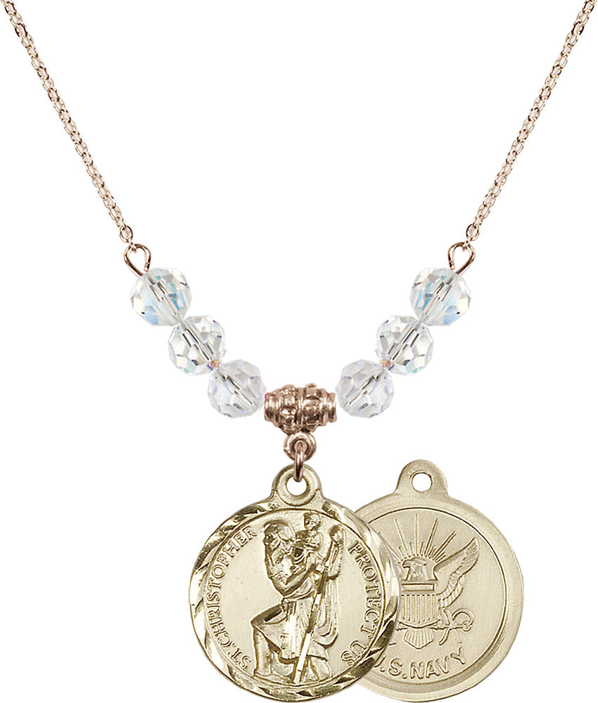 14kt Gold Filled Saint Christopher / Navy Birthstone Necklace with Crystal Beads - 0192