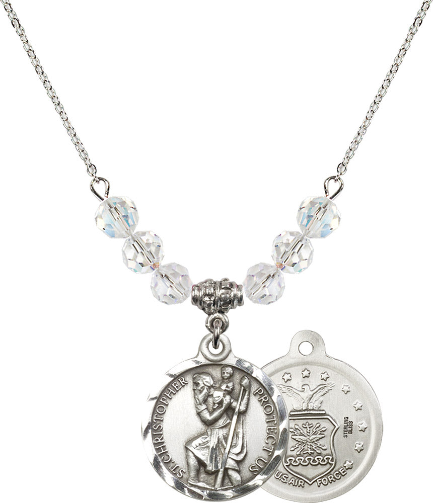 Sterling Silver Saint Christopher / Air Force Birthstone Necklace with Crystal Beads - 0192