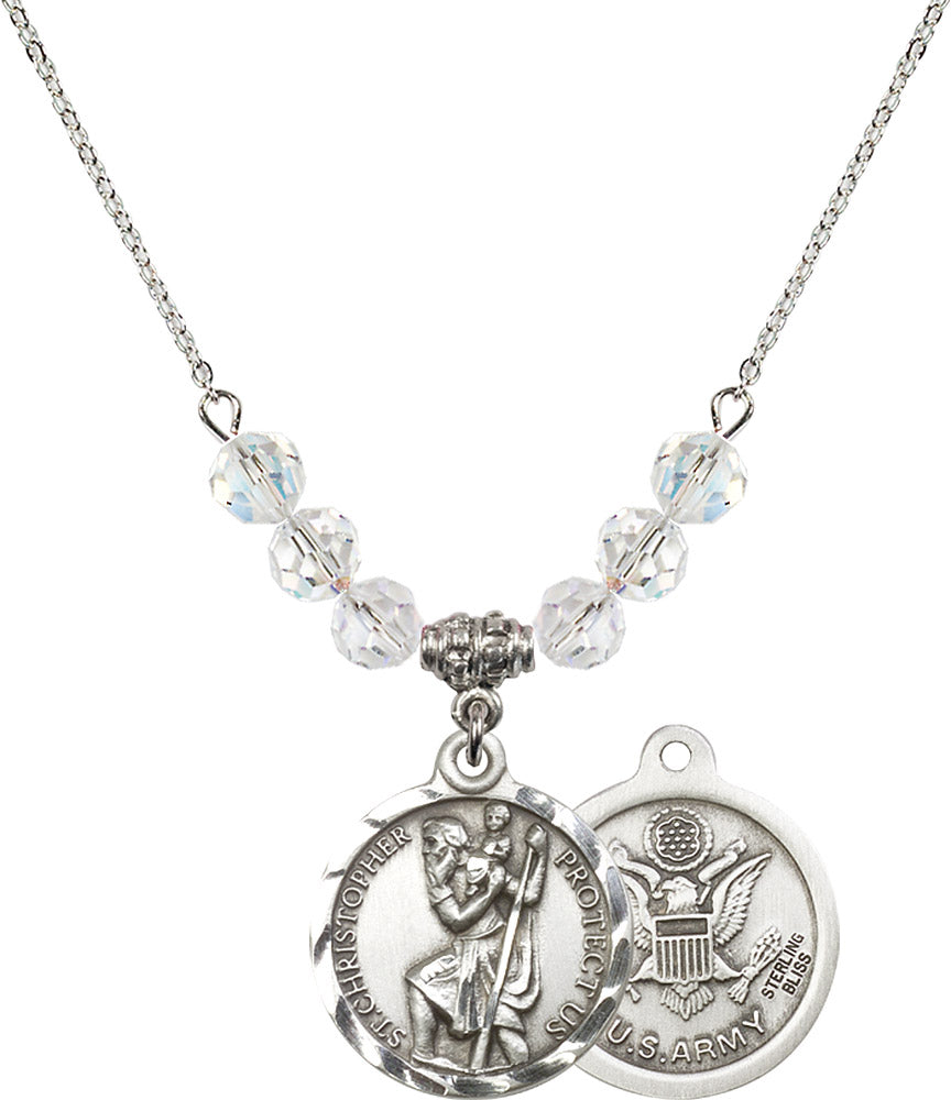 Sterling Silver Saint Christopher / Army Birthstone Necklace with Crystal Beads - 0192