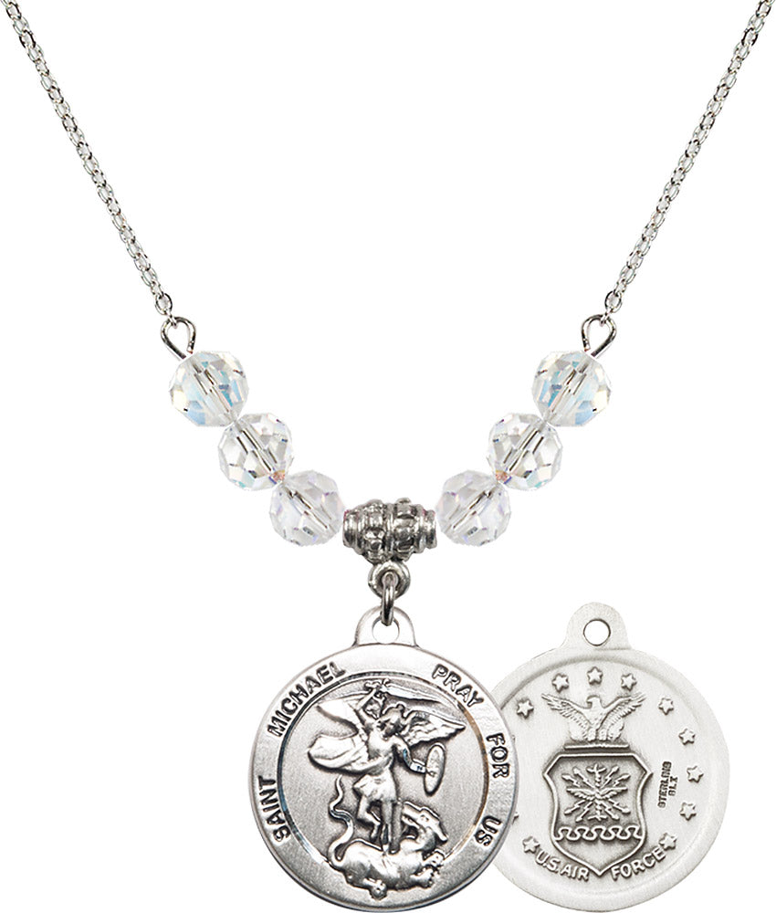 Sterling Silver Saint Michael / Air Force Birthstone Necklace with Crystal Beads - 0342