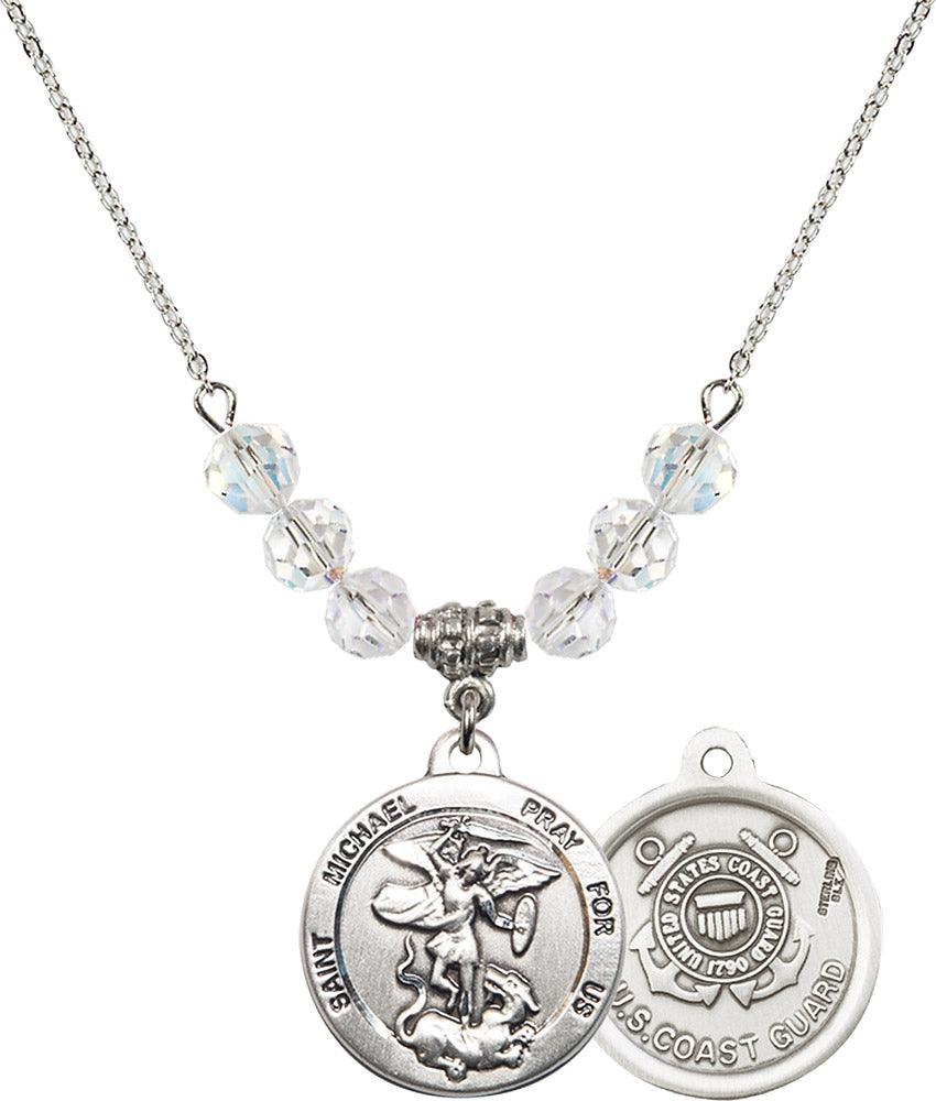 Sterling Silver Saint Michael / Coast Guard Birthstone Necklace with Crystal Beads - 0342