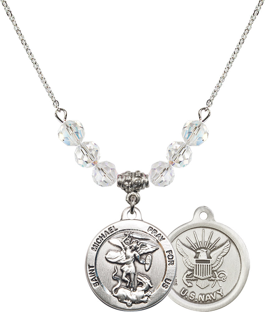 Sterling Silver Saint Michael / Navy Birthstone Necklace with Crystal Beads - 0342