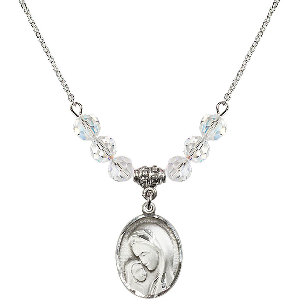 Sterling Silver Madonna & Child Birthstone Necklace with Crystal Beads - 0447