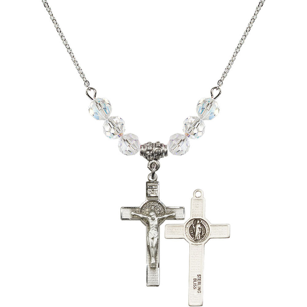Sterling Silver Saint Benedict Crucifix Birthstone Necklace with Crystal Beads - 0625