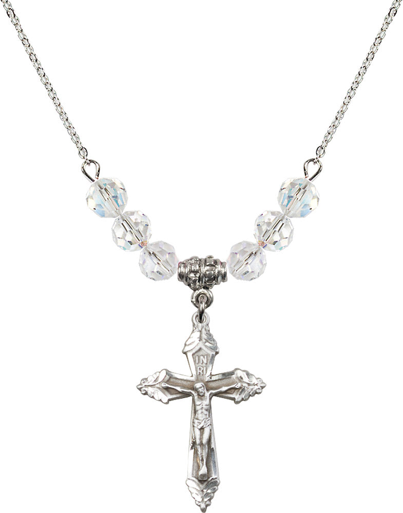 Sterling Silver Crucifix Birthstone Necklace with Crystal Beads - 0665