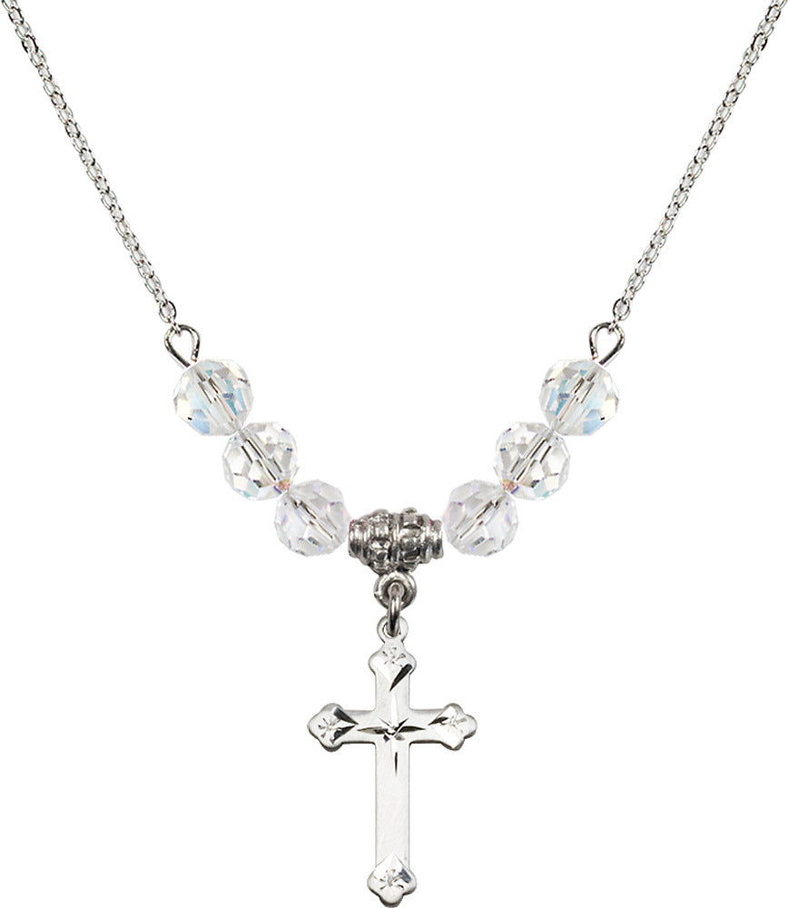 Sterling Silver Cross Birthstone Necklace with Crystal Beads - 0667
