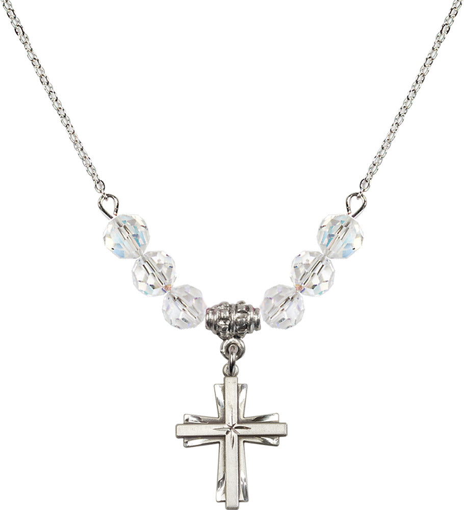Sterling Silver Cross Birthstone Necklace with Crystal Beads - 0675