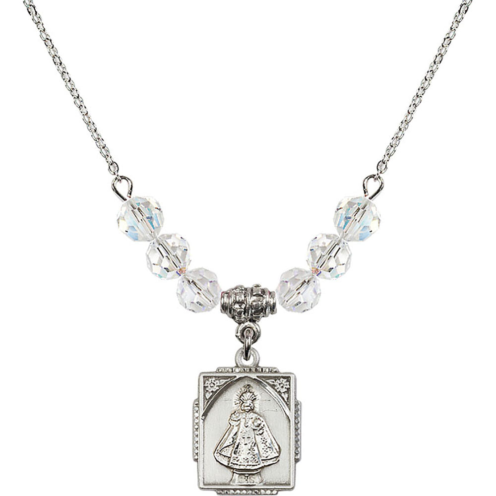 Sterling Silver Infant of Prague Birthstone Necklace with Crystal Beads - 0804