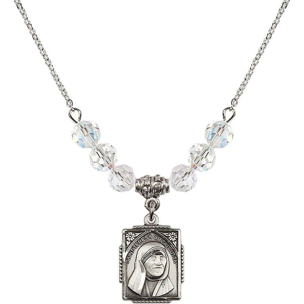 Sterling Silver Saint Teresa of Calcutta Birthstone Necklace with Crystal Beads - 0804