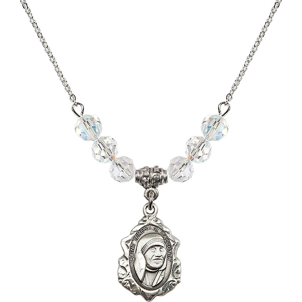 Sterling Silver Saint Teresa of Calcutta Birthstone Necklace with Crystal Beads - 0812