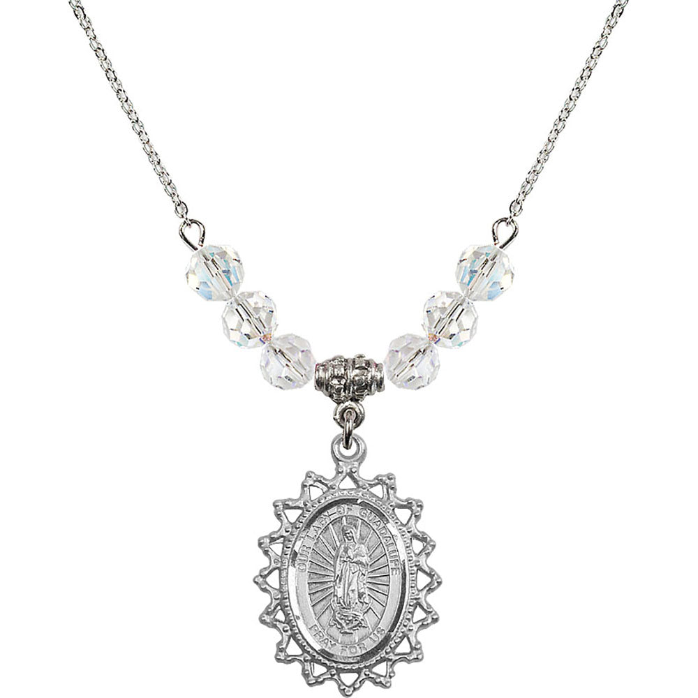 Sterling Silver Our Lady of Guadalupe Birthstone Necklace with Crystal Beads - 1619