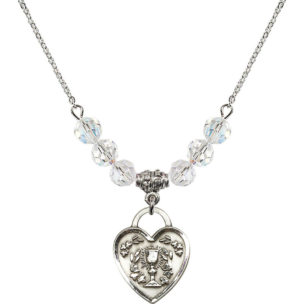 Sterling Silver Communion Heart Birthstone Necklace with Crystal Beads - 3204