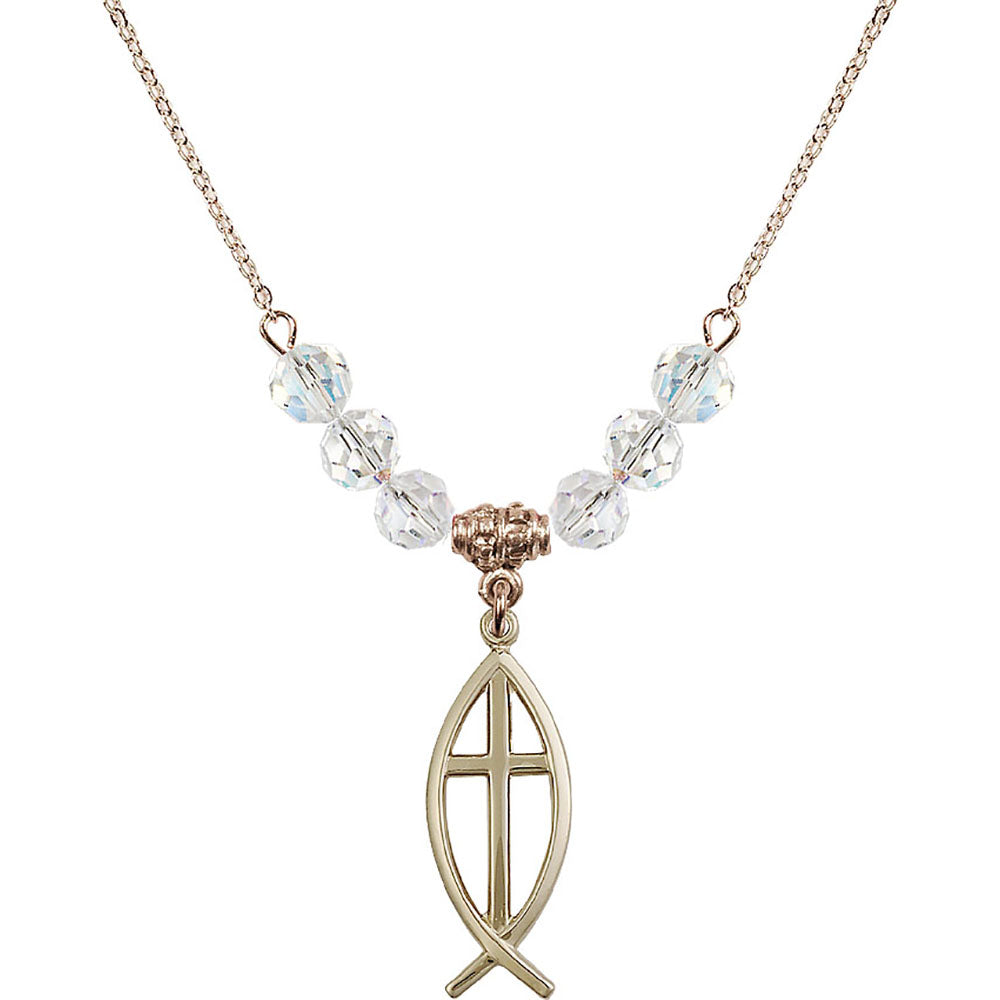 14kt Gold Filled Fish / Cross Birthstone Necklace with Crystal Beads - 4252