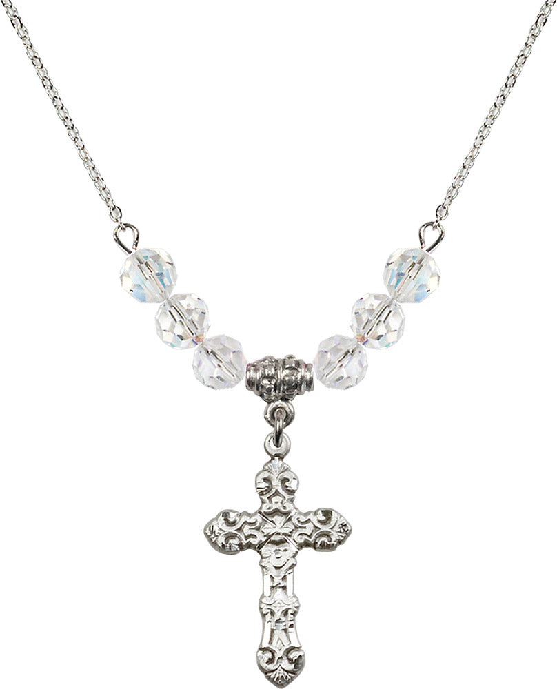Sterling Silver Cross Birthstone Necklace with Crystal Beads - 6001