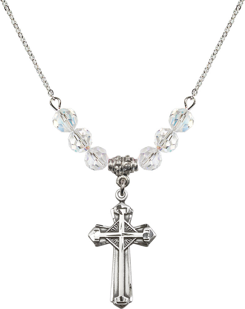Sterling Silver Cross Birthstone Necklace with Crystal Beads - 6012